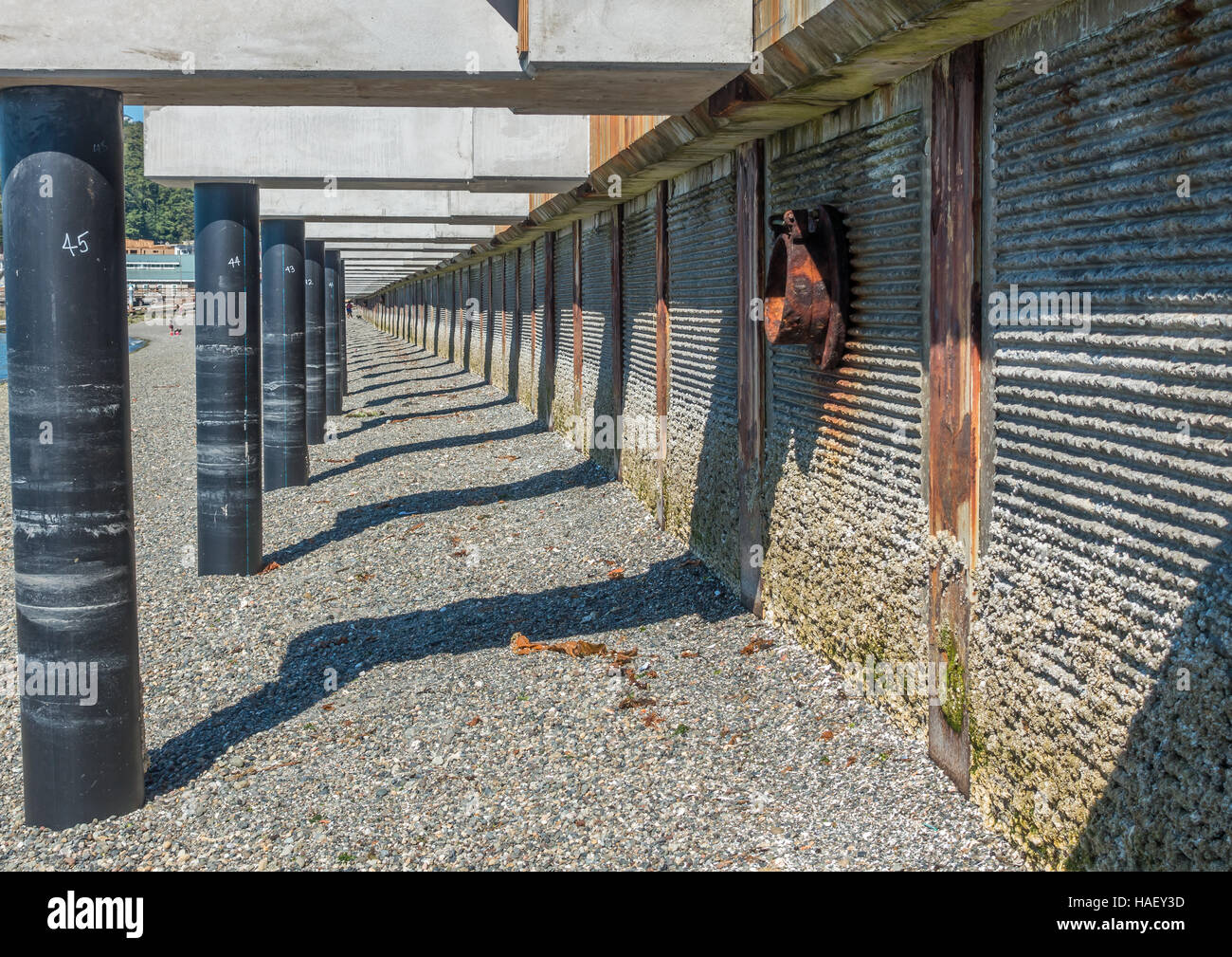 Una vista di una passerella che è in costruzione a Redondo Beach, Washington. Foto Stock