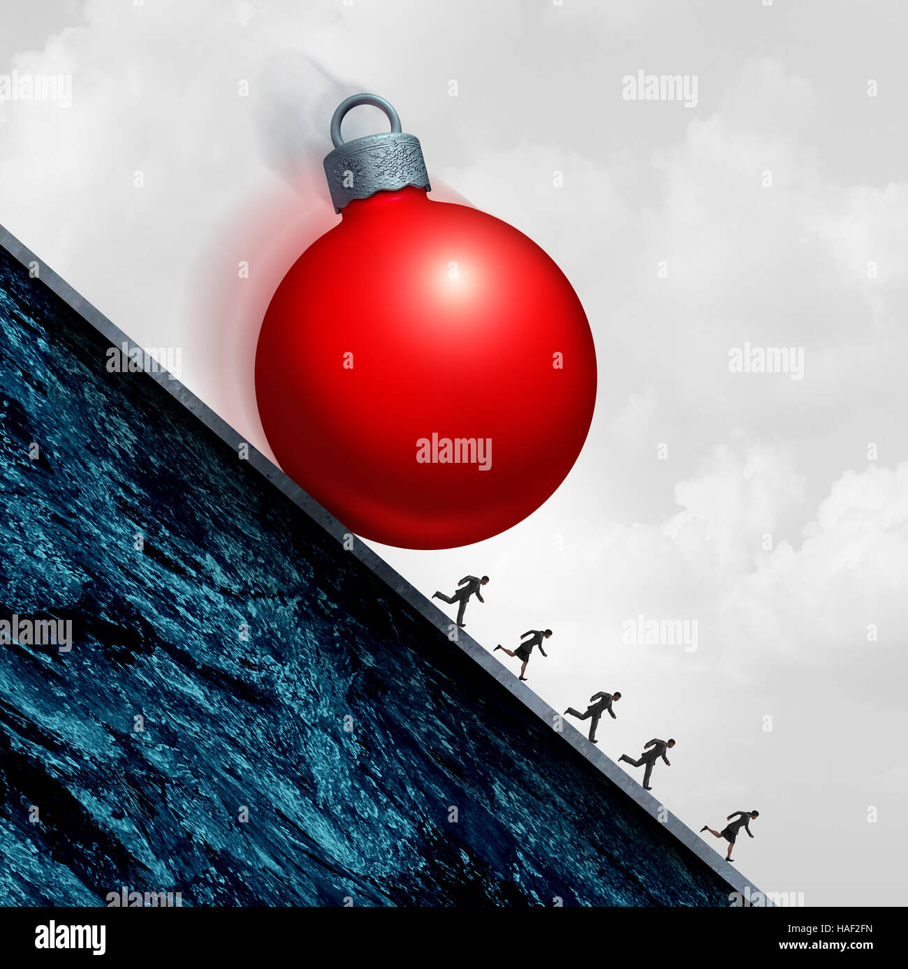 Vacanze di Natale il concetto di stress come un ornamento di vacanza rotolando giù una collina con le persone che eseguono in disperazione come una pressione stagionale simbolo con 3D illust Foto Stock