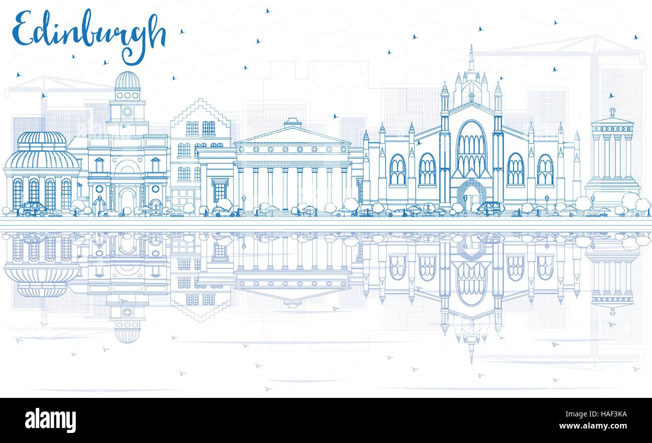 Profilo dello Skyline di Edimburgo con edifici blu e riflessi. Illustrazione Vettoriale. Viaggi di affari e di turismo con il concetto di architettura storica. Illustrazione Vettoriale
