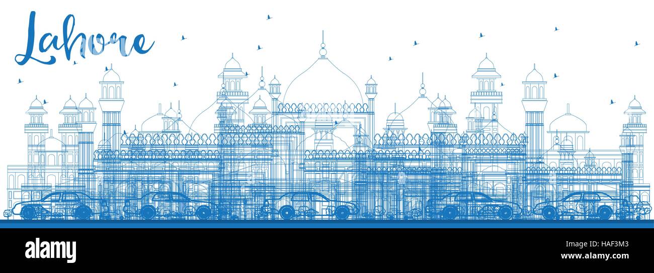 Profilo dello Skyline di Lahore con punti di riferimento di colore blu. Illustrazione Vettoriale. Viaggi di affari e di turismo con il concetto di architettura storica. Illustrazione Vettoriale