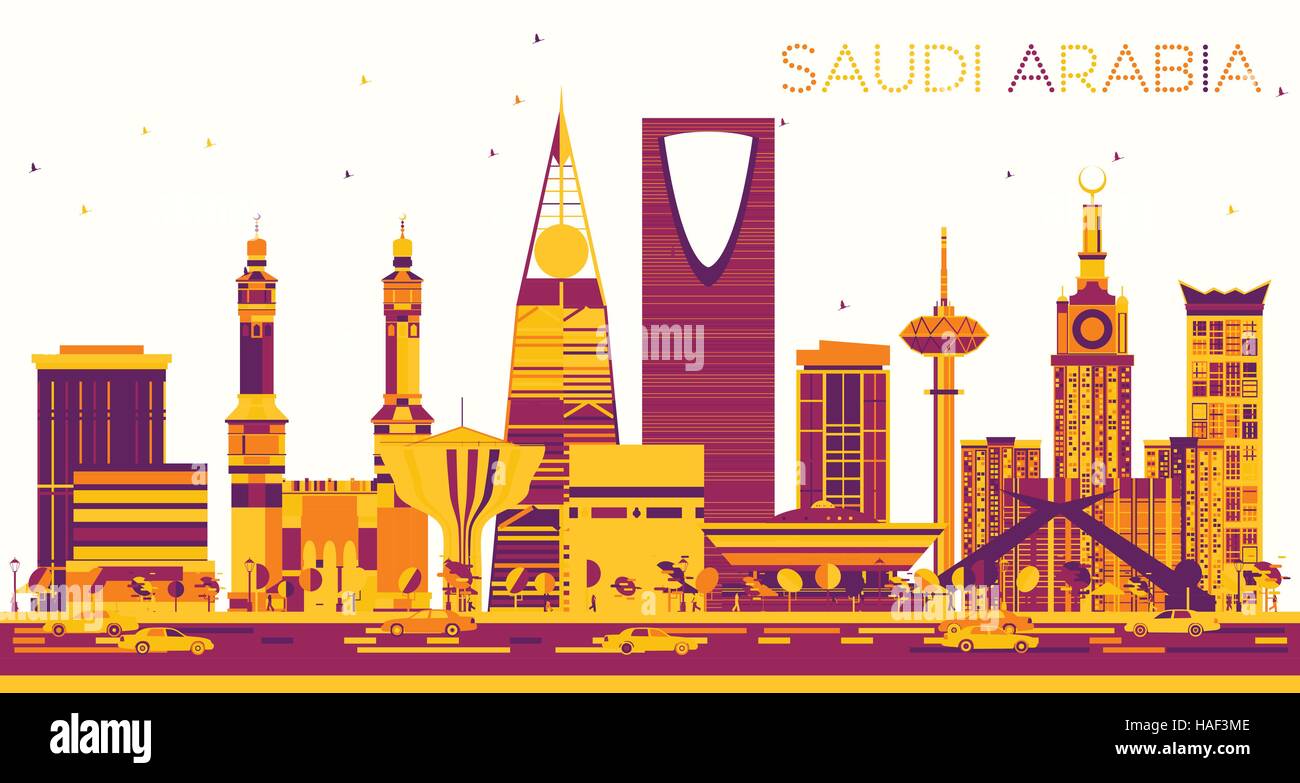 Abstract Arabia Saudita Skyline con punti di riferimento di colore. Illustrazione Vettoriale. Viaggi di affari e turismo Concept. Immagine per presentazione targhetta Banner Illustrazione Vettoriale