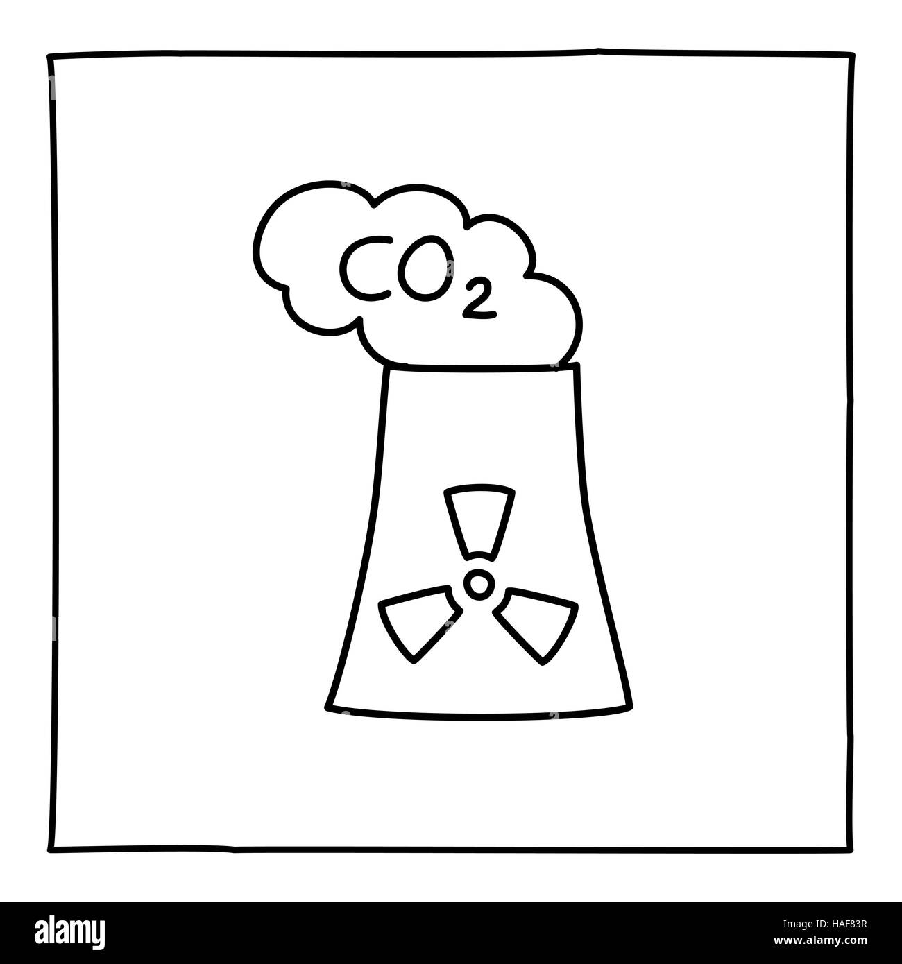 Doodle Centrale Nucleare torre di raffreddamento icona. Bianco e nero simbolo con il telaio. Linea di stile arte graphic design elemento. Fumo industriale da camino Illustrazione Vettoriale