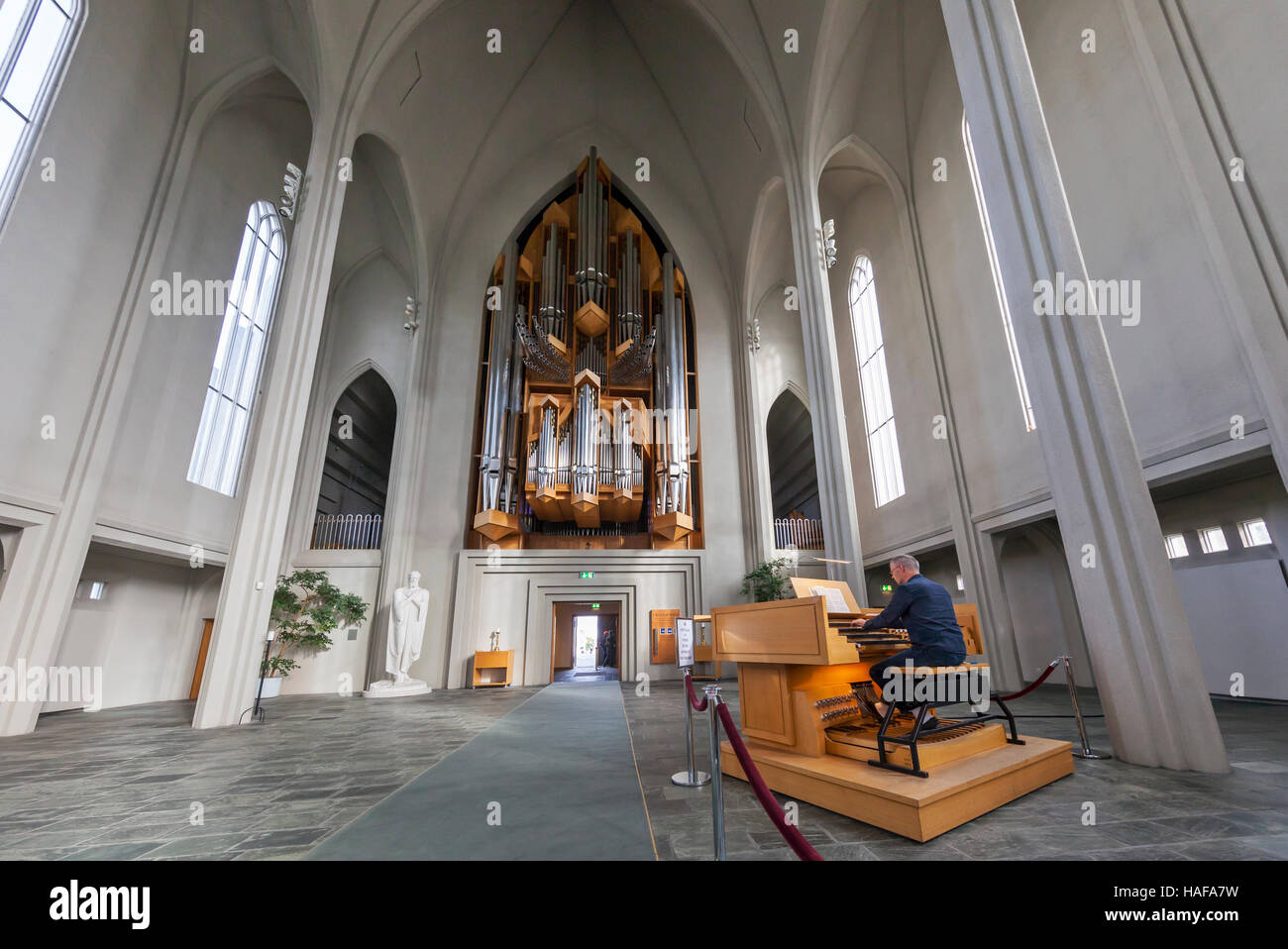 Una Vista Interna Della Hallgrimskirkja Chiesa Luterana A Reykjavik Islanda Con L Organista Suona L Organo Foto Stock Alamy