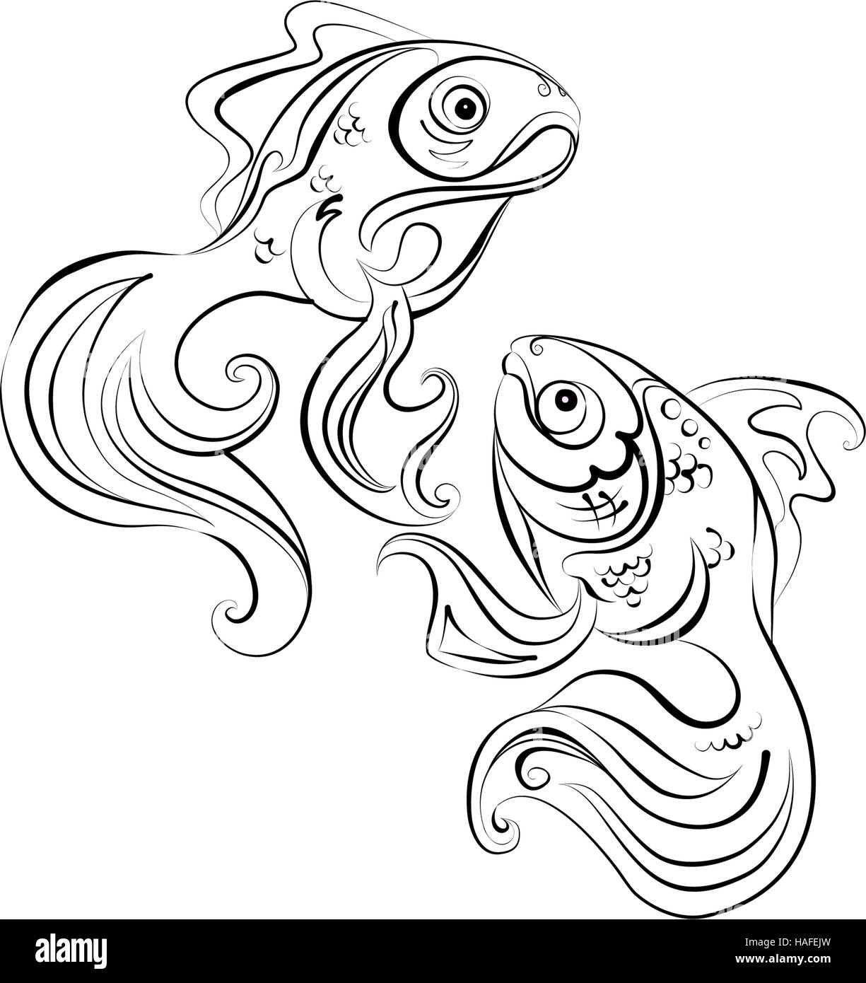 Illustrazione di due stilizzata pesce dorato con nessun colore di riempimento Illustrazione Vettoriale