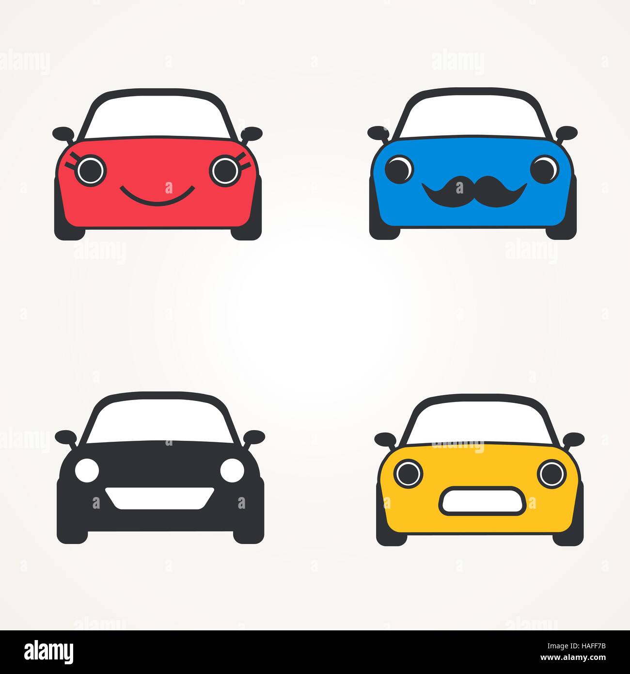 Carino happy auto icone, segno vista frontale set. Illustrazione Vettoriale. Simboli di automobile silhouette. Illustrazione Vettoriale