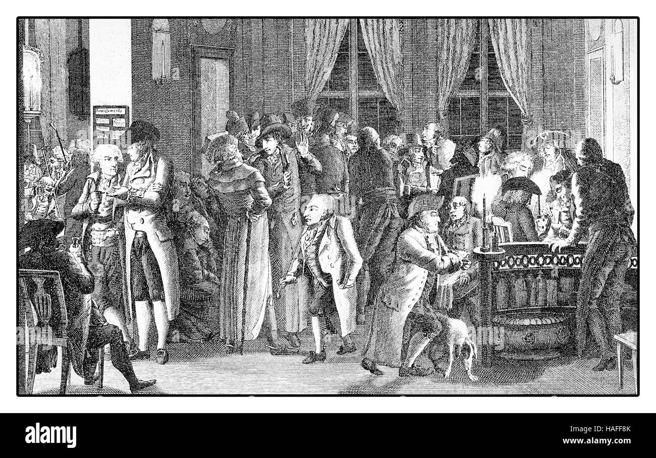 Serata nel famoso Caffè house Richter in Leipzig, Germania, interno anno 1800 Foto Stock