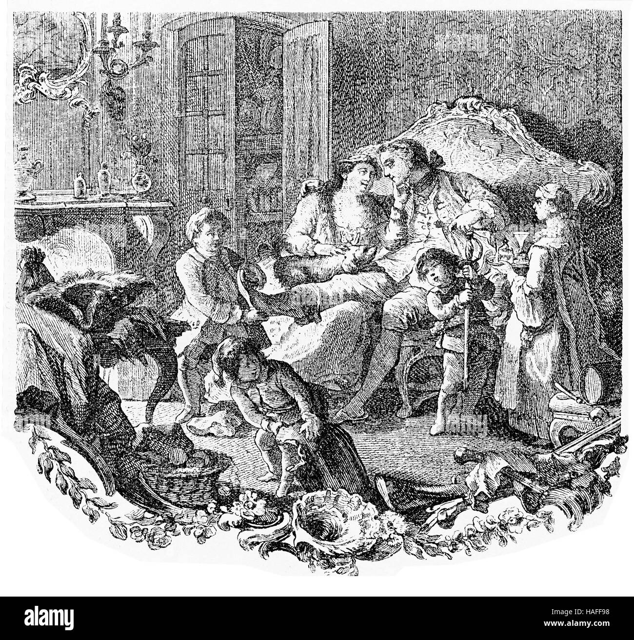 Il XVIII secolo, ufficiale prussiano a casa godendo la vita della famiglia dopo la guerra Foto Stock