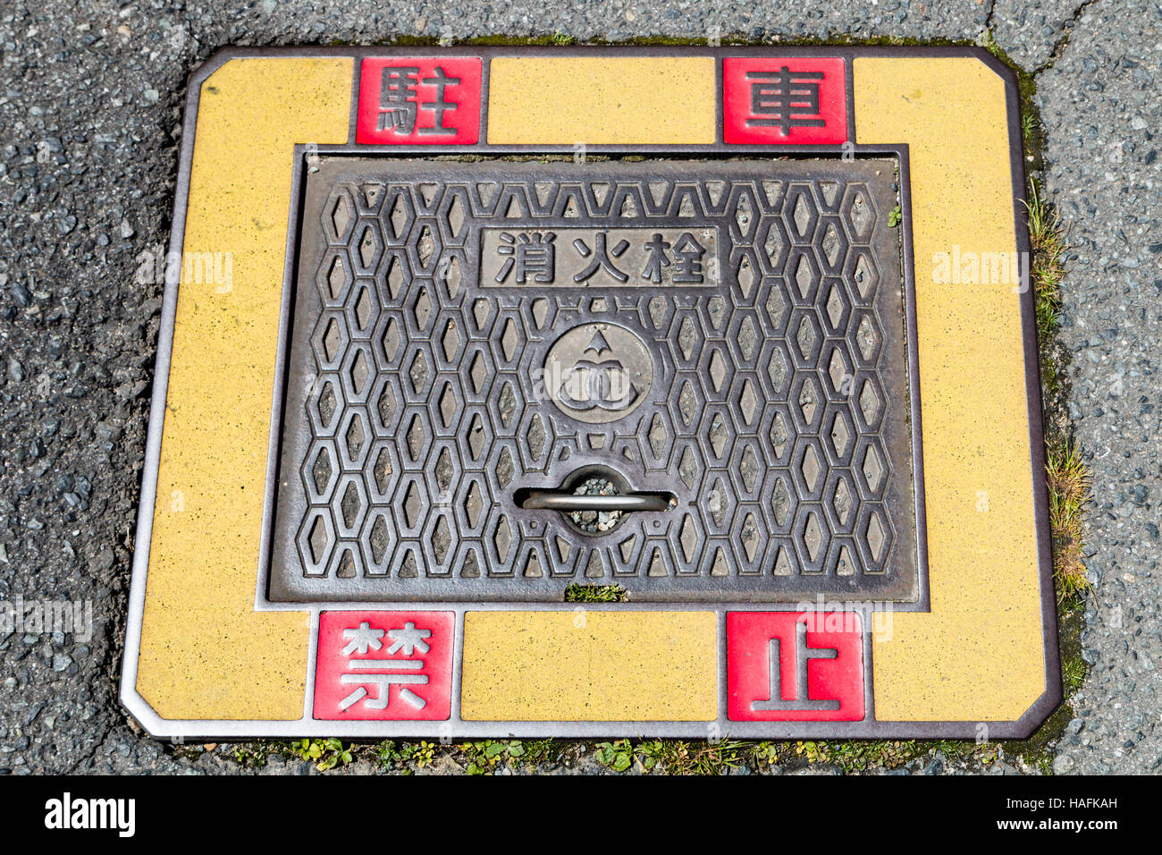 Giappone, Tatsuno. Dipinto decorato chiusino in strada. Tradizionale; tutte le città decorano le loro coperture di botole con scena di città o di un logo. Foto Stock