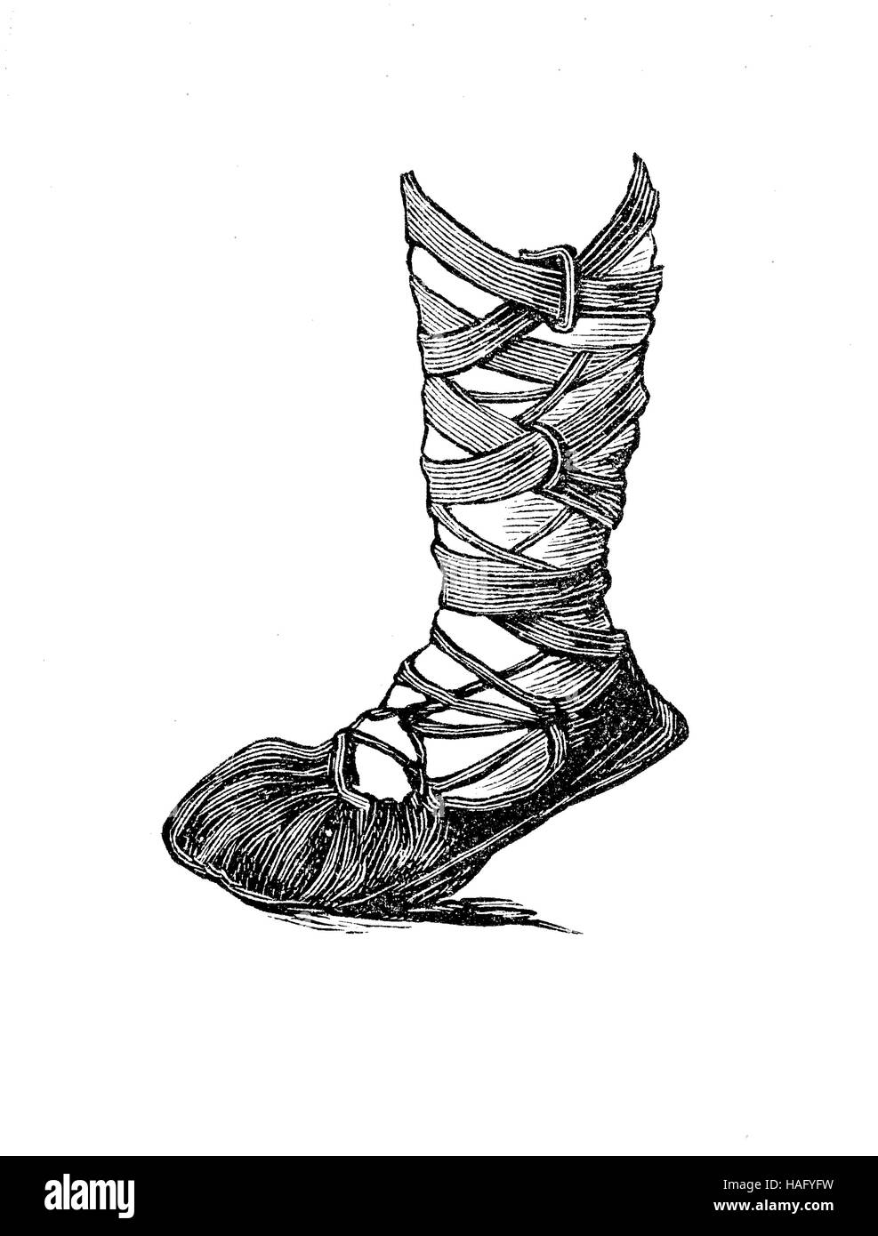 Scarpe moda del passato e olf scarpa teutonico dall'età del bronzo, xilografia a partire dall'anno 1880 Foto Stock