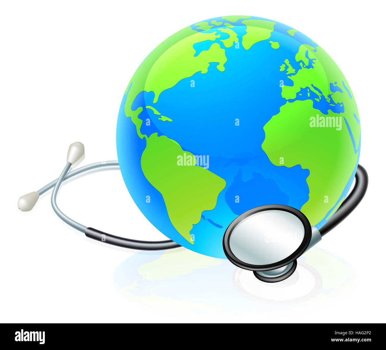 Illustrazione concettuale di una massa Globo mondo con uno stetoscopio avvolto intorno ad esso. Foto Stock