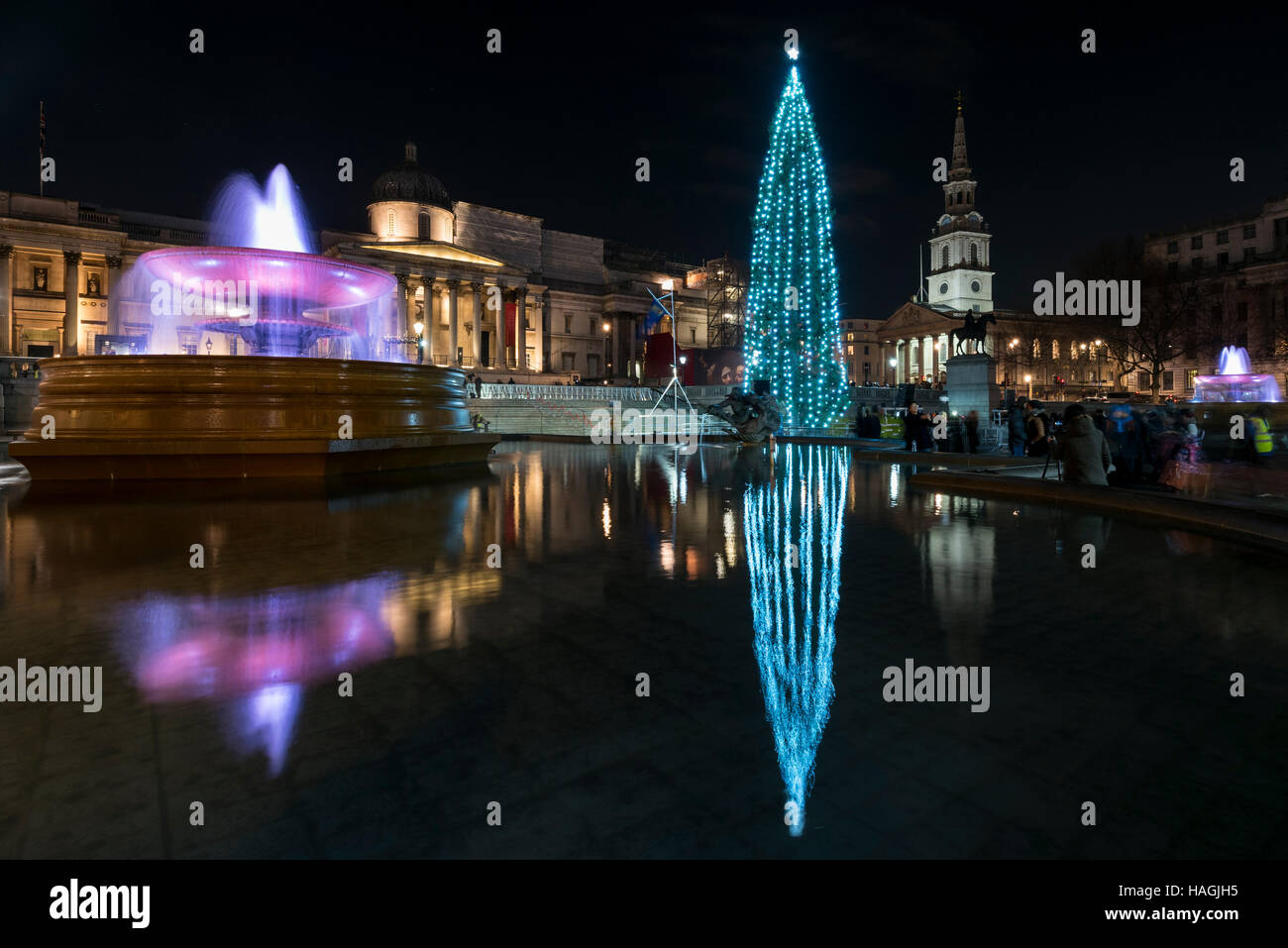 Londra, Regno Unito. 1 dicembre 2016. Una 22-metro di altezza abete norvegese, decorate in un tradizionale stile Norvegese con stringhe verticale delle luci (intorno 770 lampadine a risparmio energetico) è illuminata in Trafalgar Square. La struttura ad albero è la città di Oslo tradizionale di un regalo di Natale a Londra in segno di ringraziamento per il supporto britannico durante la Seconda Guerra Mondiale. Il sindaco di Westminster, consigliere Steve Summers ha ospitato il sindaco di Oslo, Marianne Borgen che ha eseguito l'illuminazione ufficiale. Credito: Stephen Chung / Alamy Live News Foto Stock