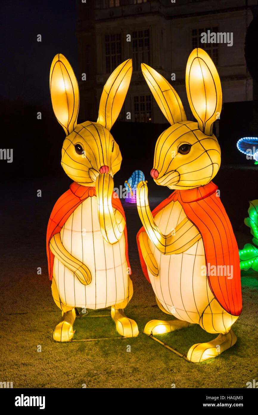 Longleat, Warminster, Wiltshire, Regno Unito. 1 dicembre 2016. Festa di Natale della luce a Longleat per celebrare il Safari Park il cinquantesimo anniversario con il tema di Beatrix Potter. Folle di visitatori accorrono per vedere le luci su un freddo pungente sera. bunny conigli nel giardino Credito: Carolyn Jenkins/Alamy Live News Foto Stock