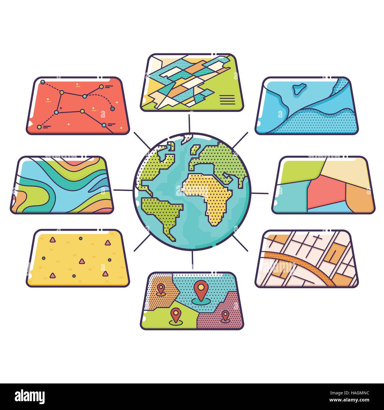 Illustrazione Vettoriale di GIS i livelli dei dati spaziali di concetto per analisi del Business, sistema di informazione geografica, le icone del design, linea Illustrazione Vettoriale