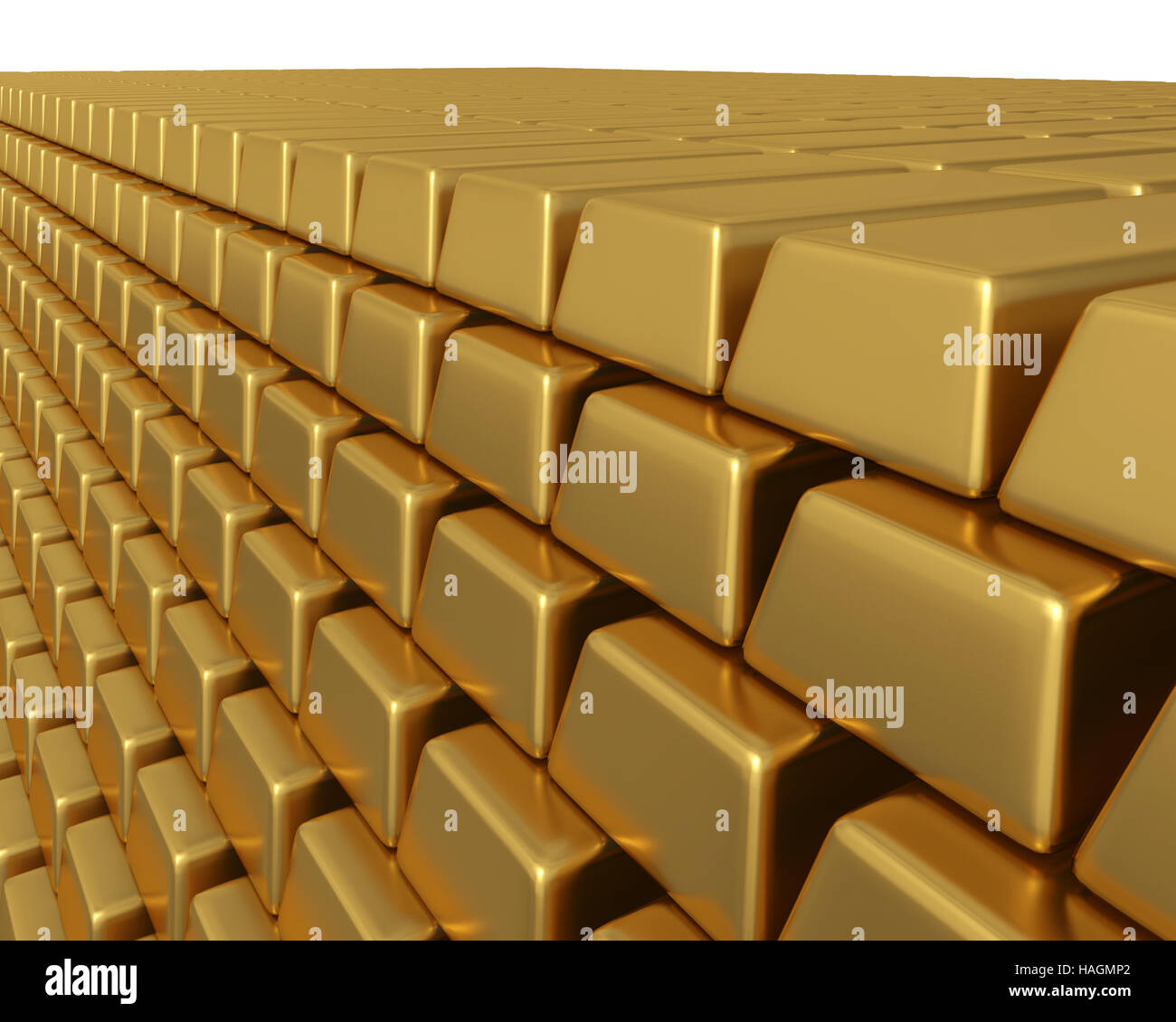3D illustrazione di migliaia di Gold bullion bars impilati, che rappresenta un enorme weath o beni. Foto Stock