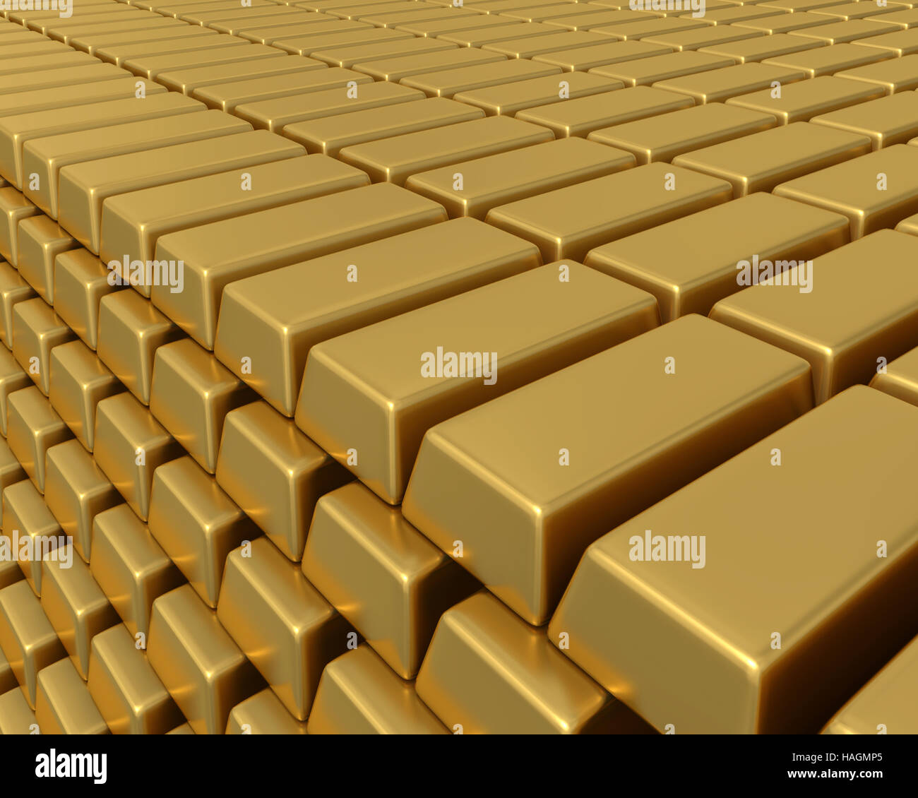 3D illustartion di migliaia di Gold bullion bars impilati che rappresentano un enorme weath o beni. Foto Stock