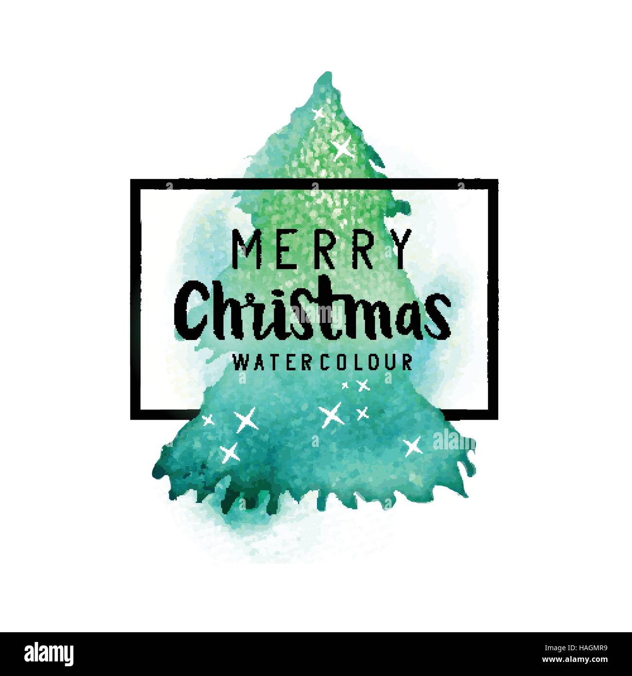 Acquerelli di albero di Natale con buon Natale di testo e di confine. Illustrazione Vettoriale. Illustrazione Vettoriale