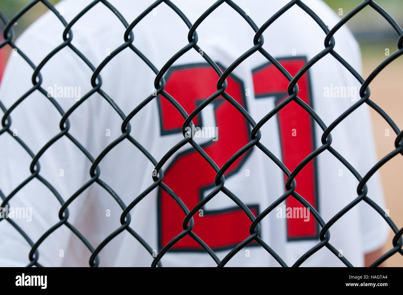 In prossimità di una recinzione di baseball con il bianco uniforme in background. Foto Stock