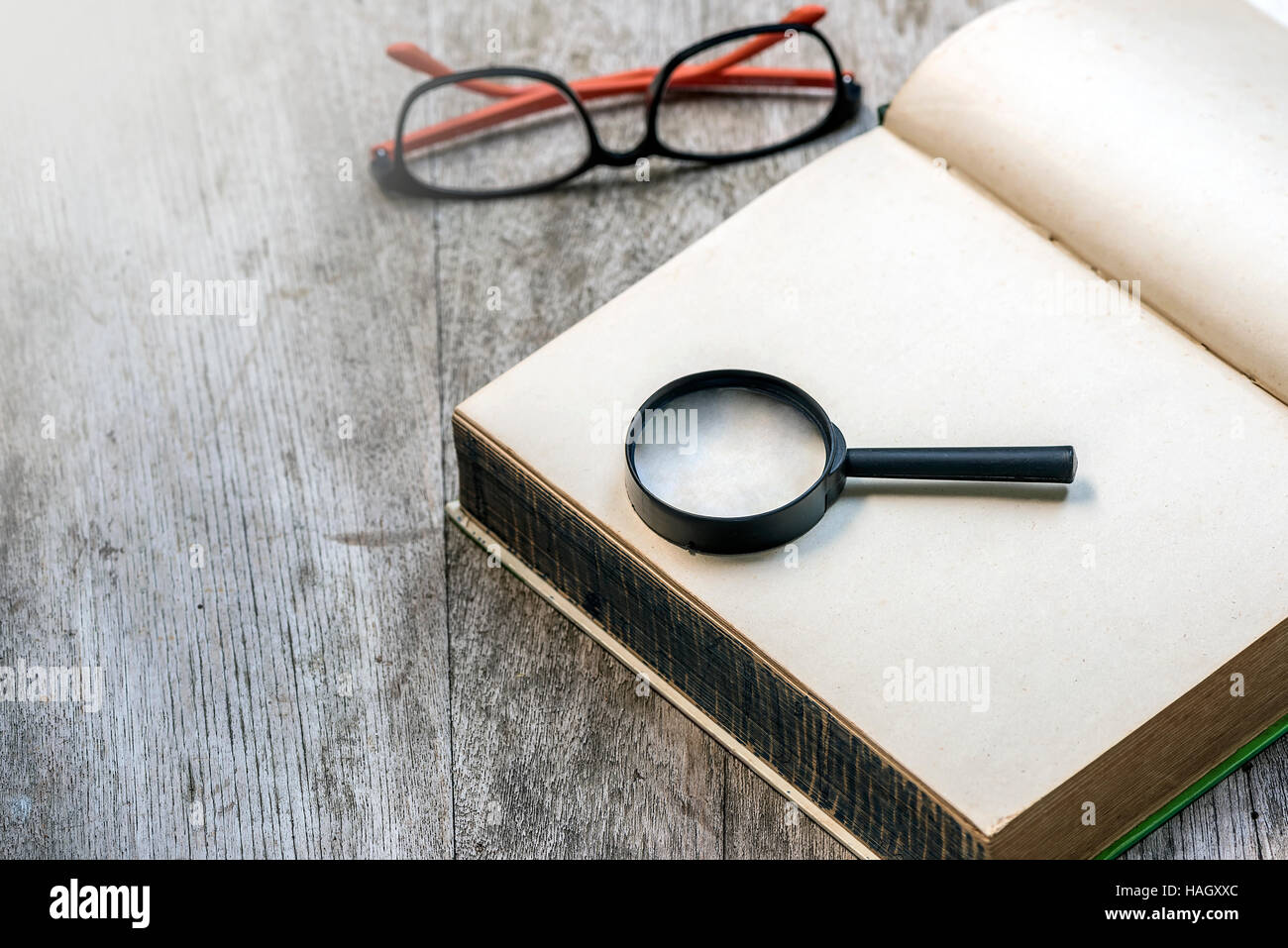 Lente di ingrandimento di vuoto sul notebook su uno sfondo di legno. Foto Stock