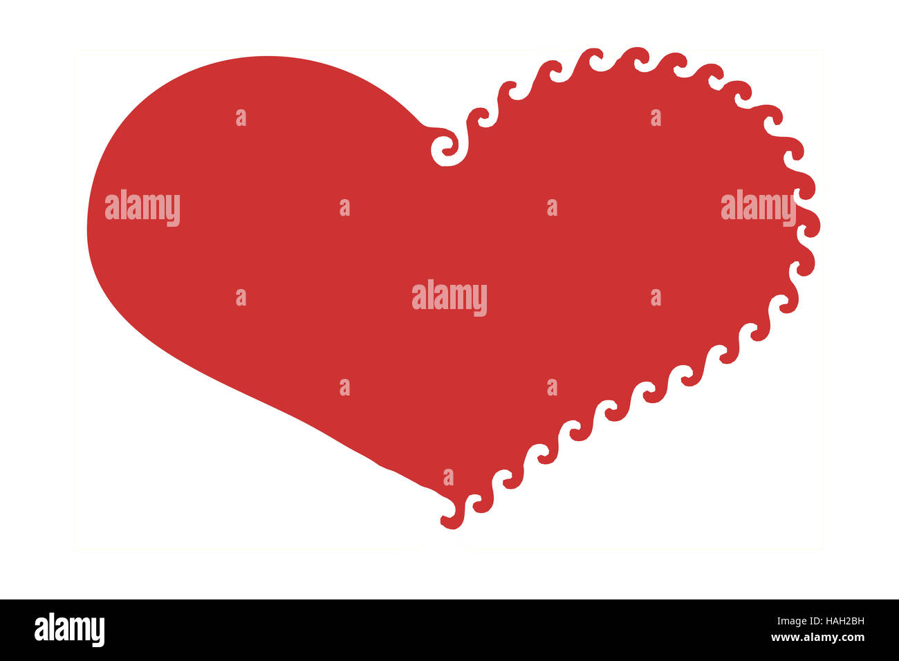 Semplice, elegante e discreta, stilizzata cuore rosso illustrazione con eleganti volute verso il basso il lato destro isolato su un bianco Foto Stock