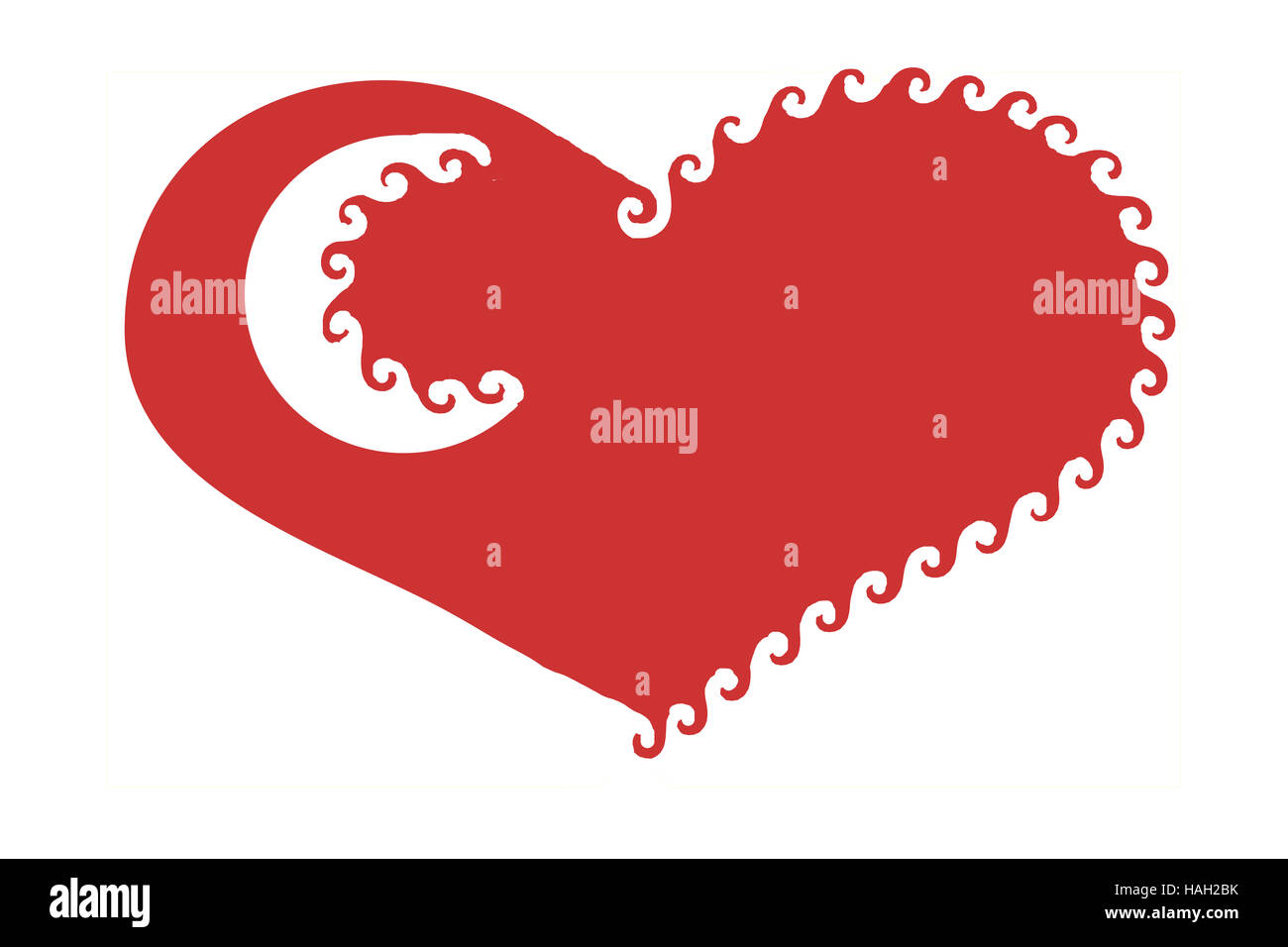 Semplice, elegante e discreta, stilizzata cuore rosso illustrazione con eleganti volute e una mezzaluna bianca evidenziare isolato Foto Stock