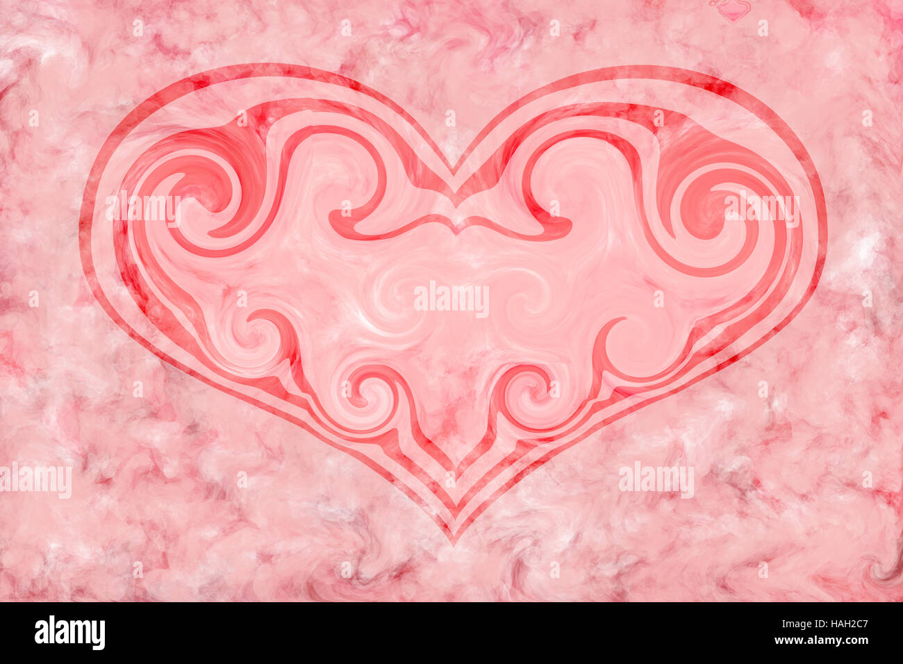 Semplici, moderne e stilizzata cuore rosa su un chiazzato o variegata di sfondo rosa Foto Stock