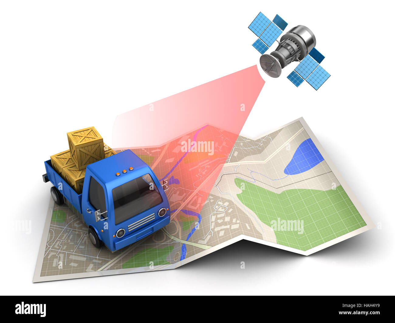3d illustrazione di consegna merci tracking con tv satellitare Foto Stock