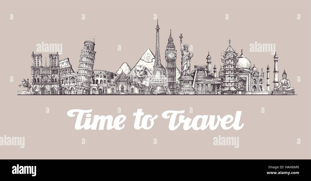 Viaggio, viaggio. In tutto il mondo, le attrazioni turistiche dei paesi. Banner, illustrazione vettoriale Illustrazione Vettoriale