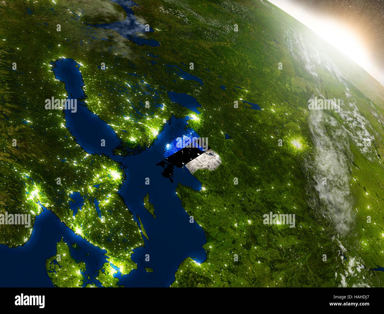 Estonia con embedded bandiera sul pianeta superficie durante il sunrise. 3D illustrazione con altamente dettagliata pianeta realistico superficie visibile e luci della citta'. El Foto Stock