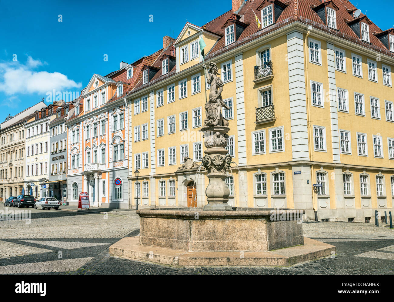 Fontana presso l'Obermarkt a Goerlitz, Sassonia, Germania Foto Stock