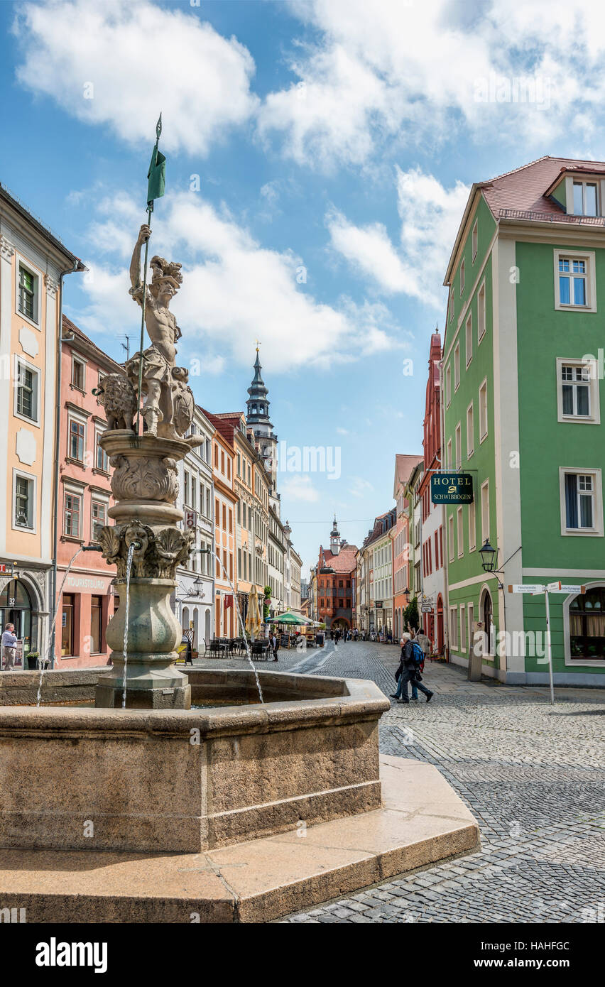 Fontana presso l'Obermarkt a Goerlitz, Sassonia, Germania Foto Stock