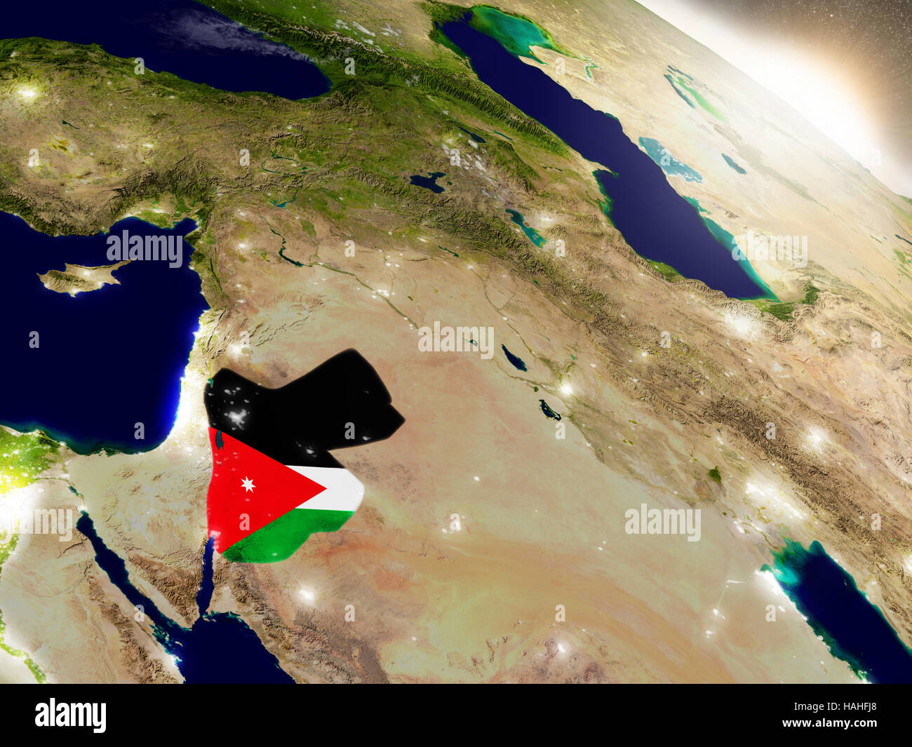 La Giordania con la bandiera incorporato sul pianeta superficie durante il sunrise. 3D illustrazione con altamente dettagliata pianeta realistico superficie visibile e luci della citta'. Ele Foto Stock