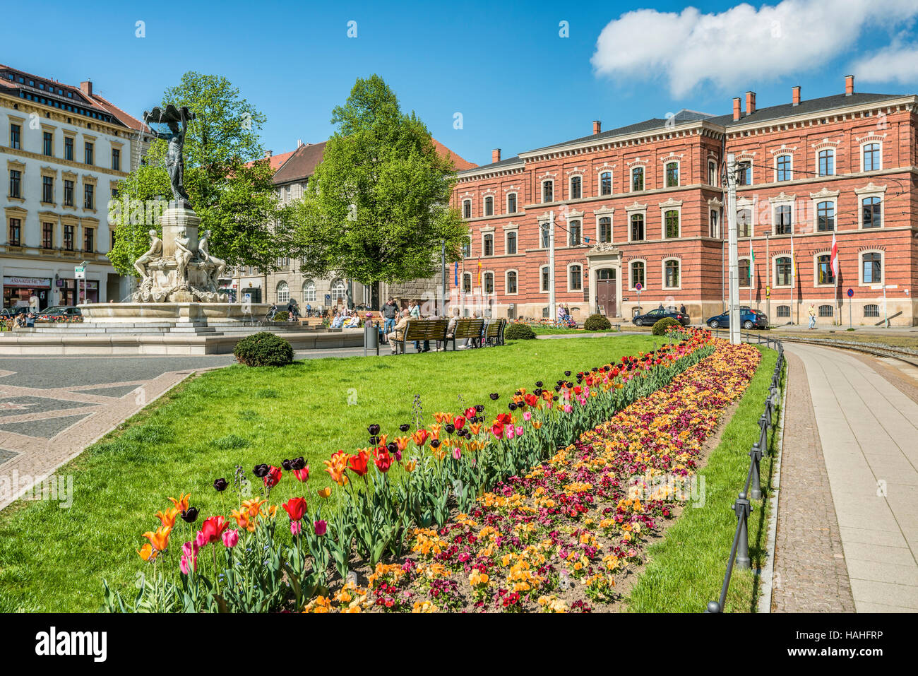 Springflowers nella Postplatz nel centro di Goerlitz, Sassonia, Germania Foto Stock