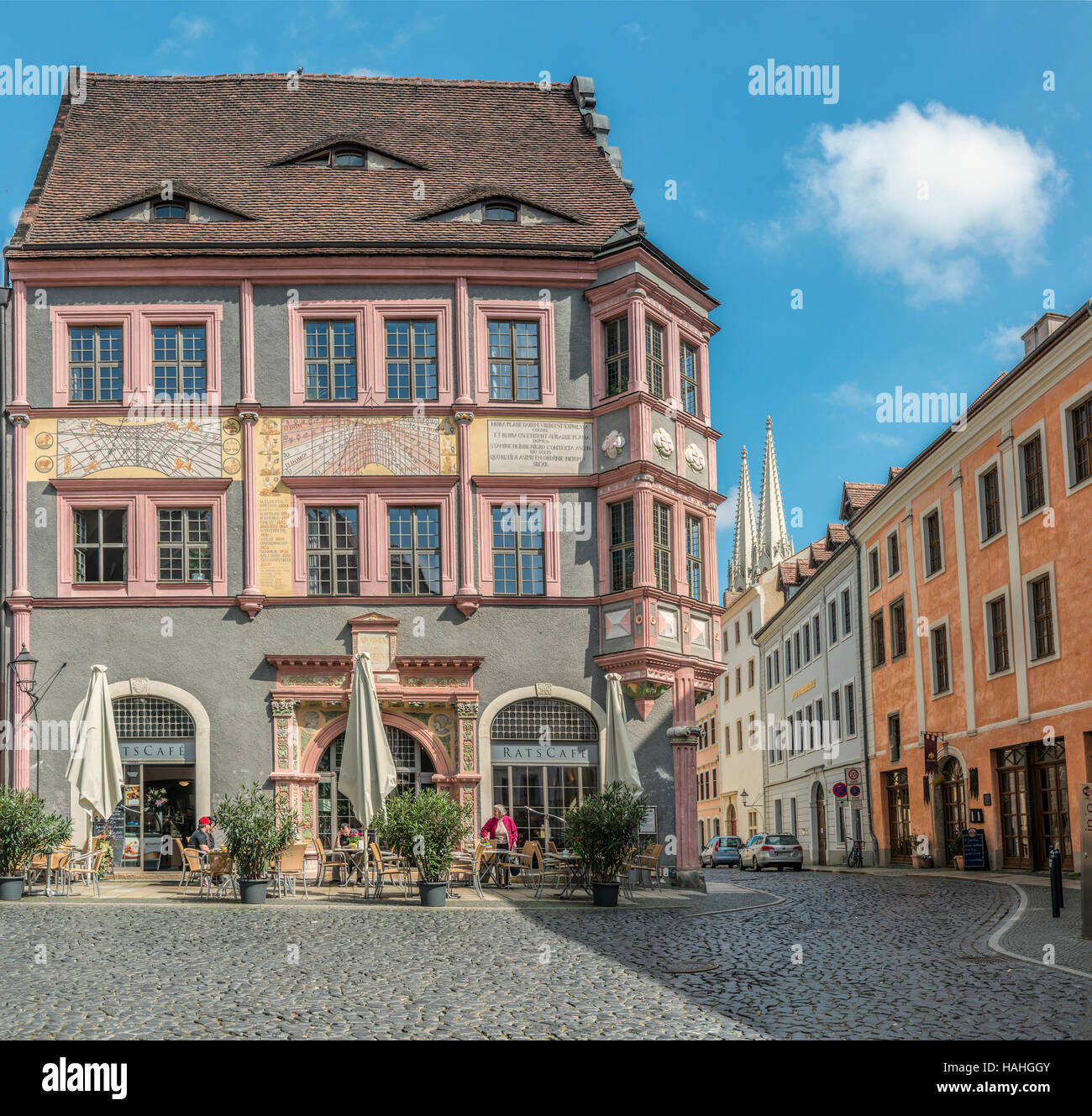 Ratsapotheke all'Untermarkt di Goerlitz, Sassonia, Germania Foto Stock