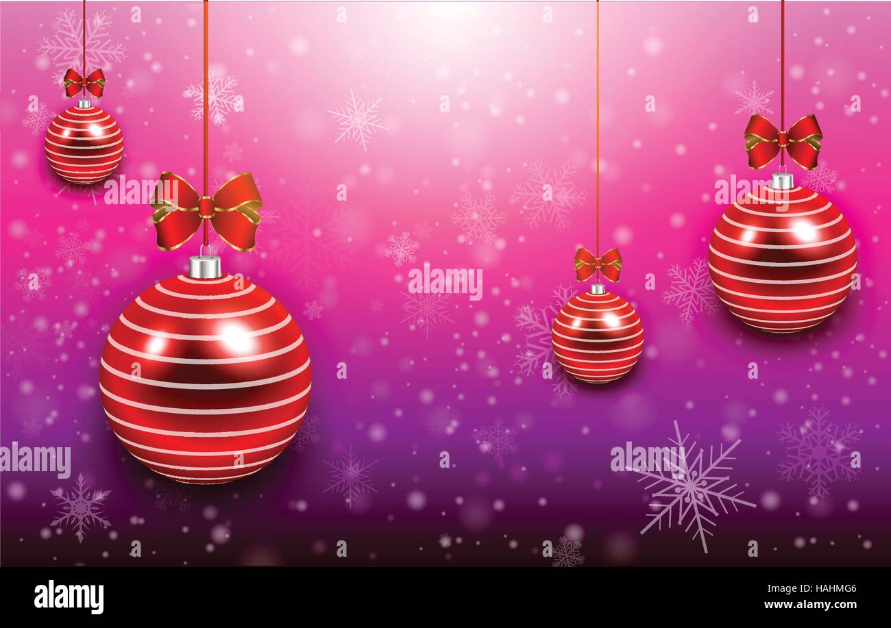 Sfondo di Natale viola con finitura lucida palle rosse e fiocchi di neve, illustrazione vettoriale. Illustrazione Vettoriale