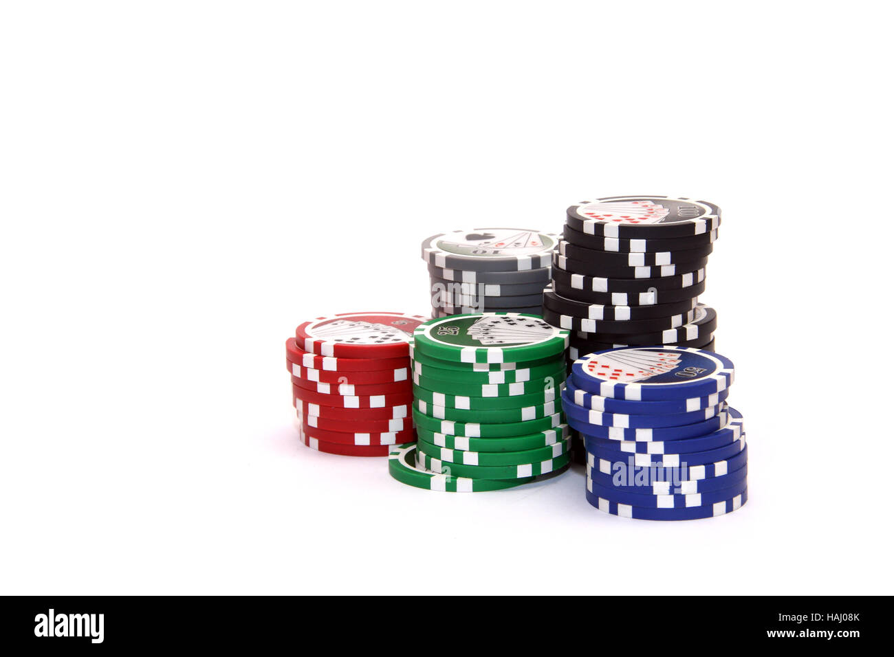Casino chip isolati su sfondo bianco Foto Stock