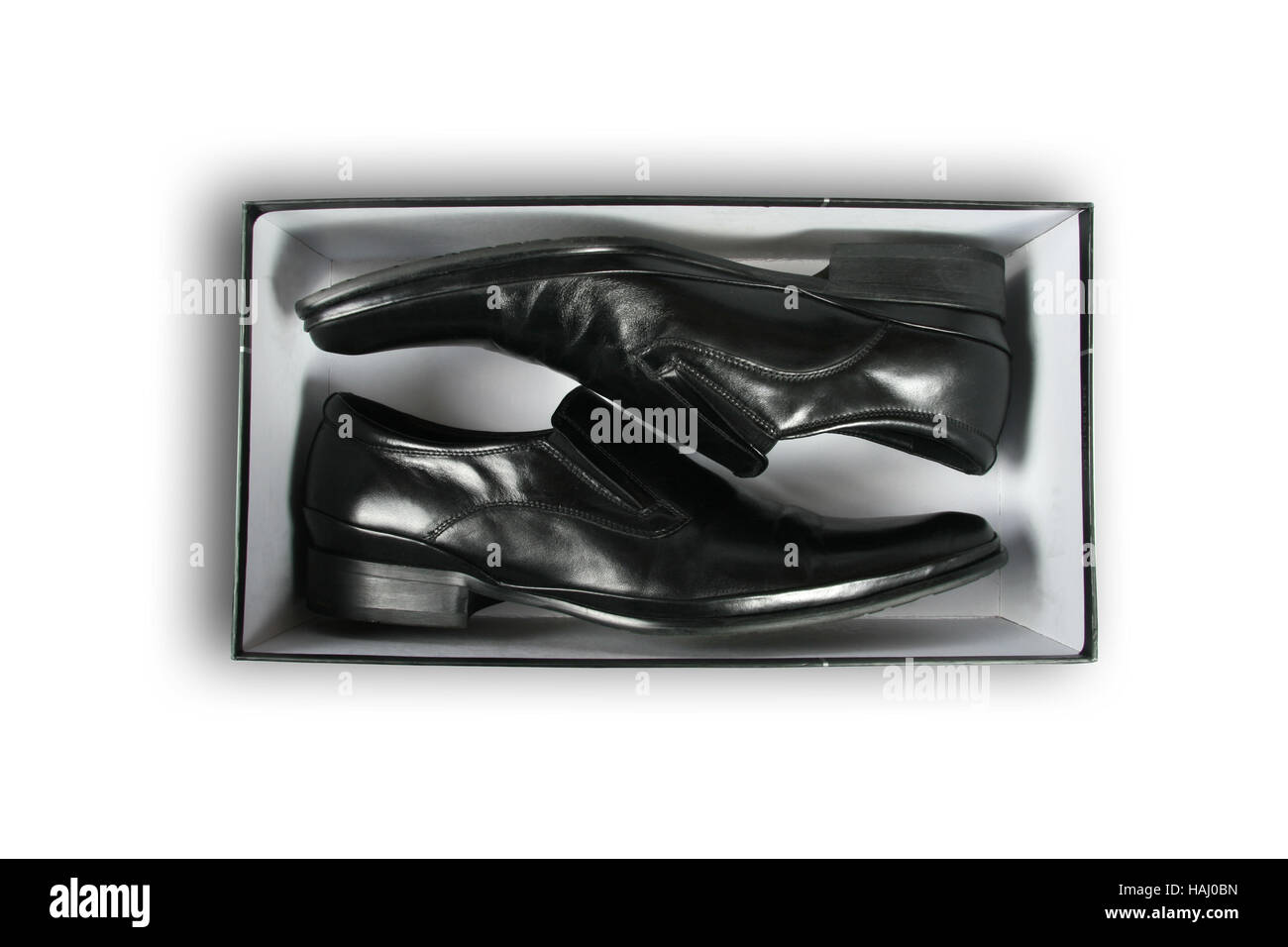 Coppia di nero scarpe di cuoio all' interno di un riquadro Foto Stock