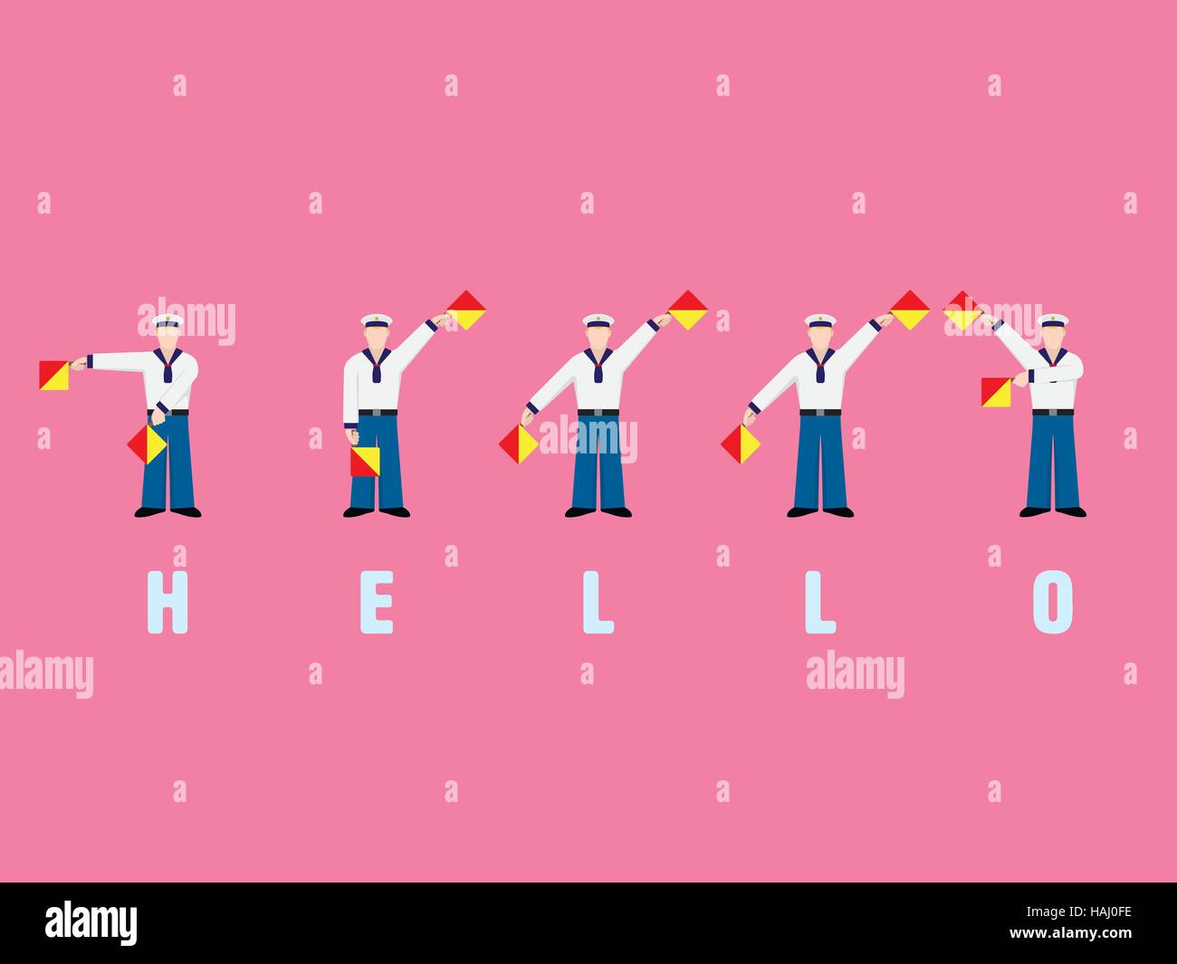 Design piatto marinai di segnalazione della parola hello con bandiera sistema semaphore Illustrazione Vettoriale