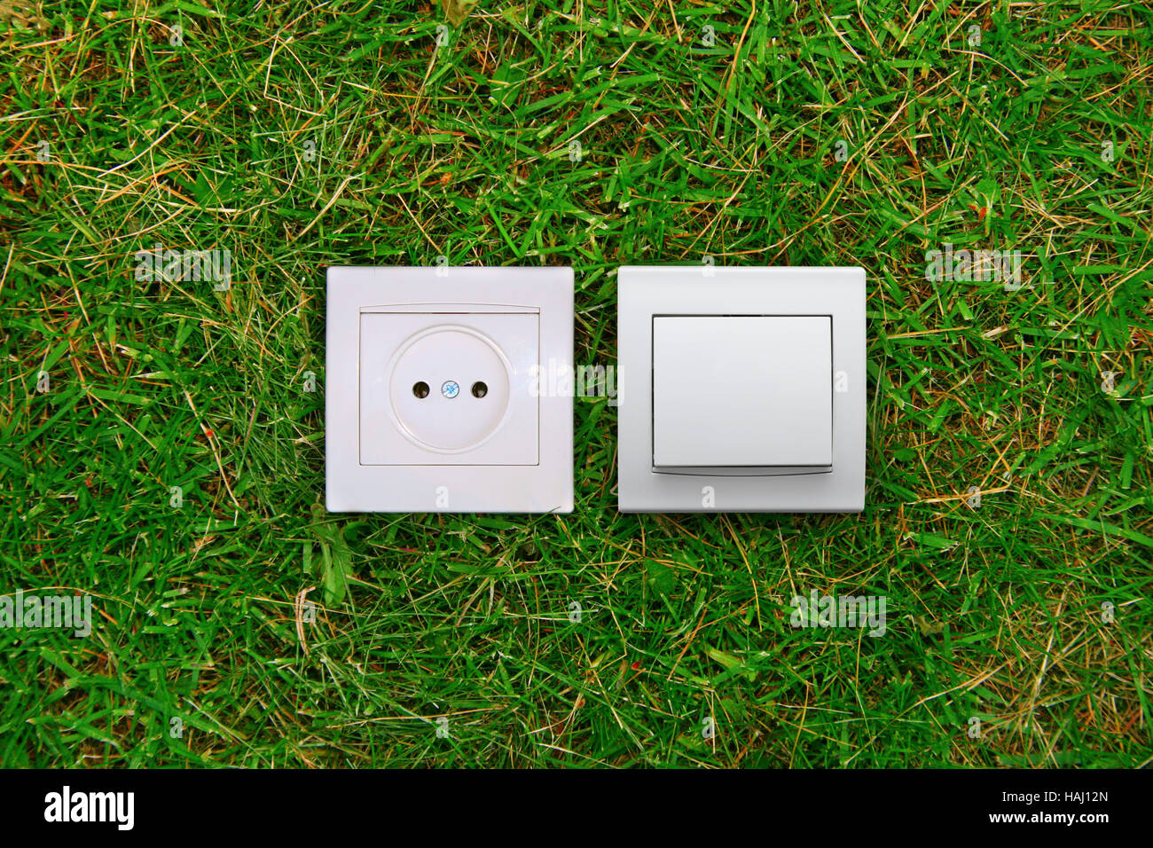 Energia verde il concetto: la presa elettrica e l'interruttore delle luci su un'erba Foto Stock