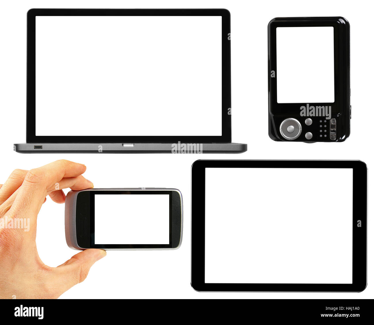 Set di gadget elettronici con schermi vuoti Foto Stock