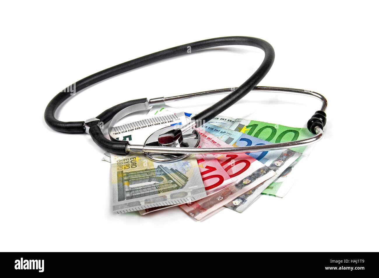 Lo stetoscopio e denaro euro Banconote Foto Stock