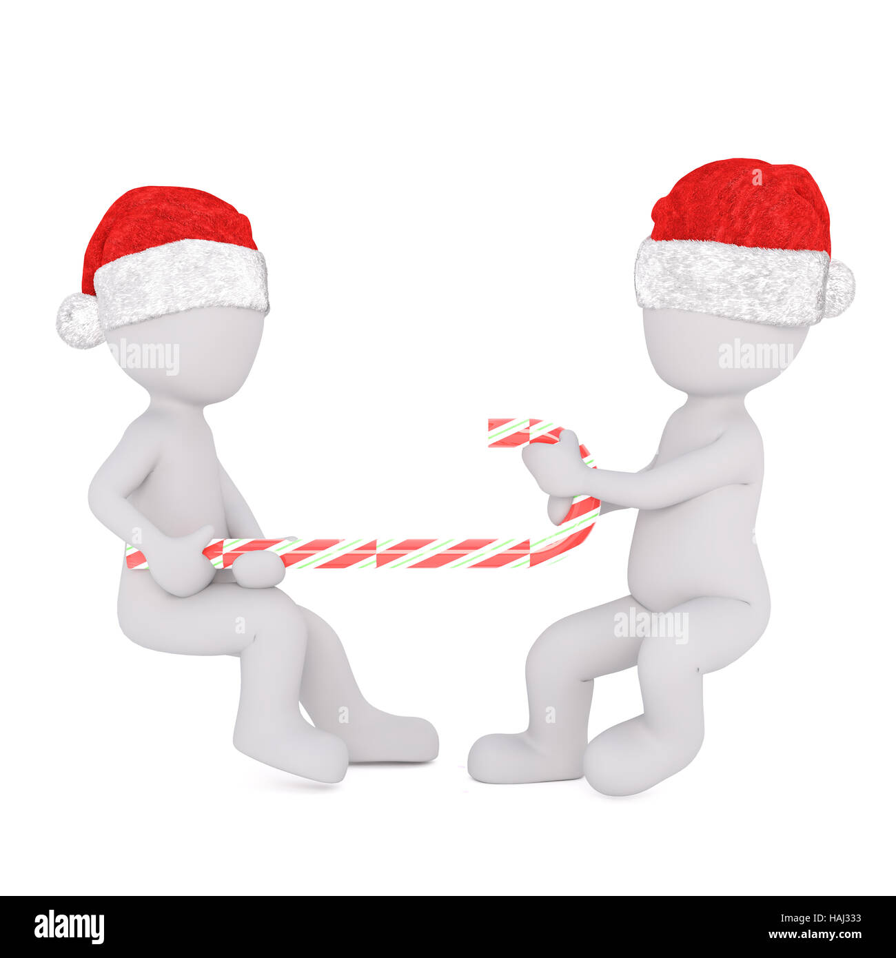 Due festive 3d uomini indossando cappelli di Natale avente un rimorchiatore di guerra con una rossa e bianca a strisce candy cane, reso illustrazione su bianco Foto Stock