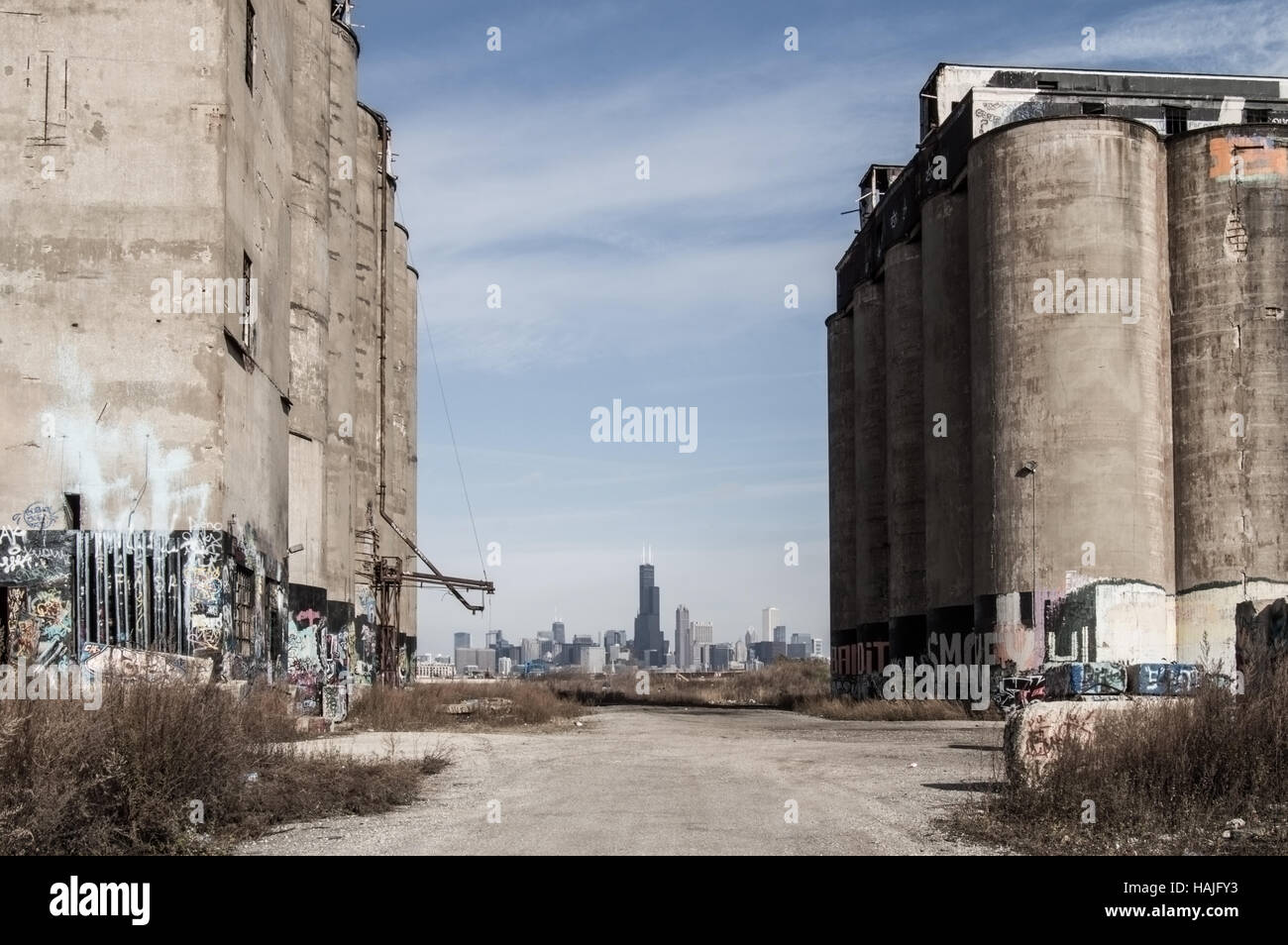 Sullo skyline di Chicago come visto da Damen Silos. Foto Stock