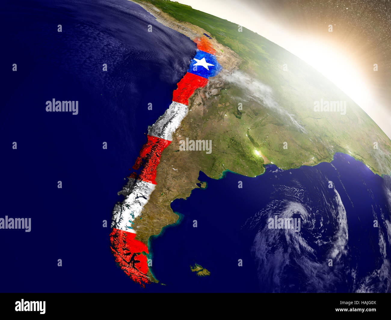 Il Cile con embedded bandiera sul pianeta superficie durante il sunrise. 3D illustrazione con altamente dettagliata pianeta realistico superficie visibile e luci della citta'. Elem Foto Stock
