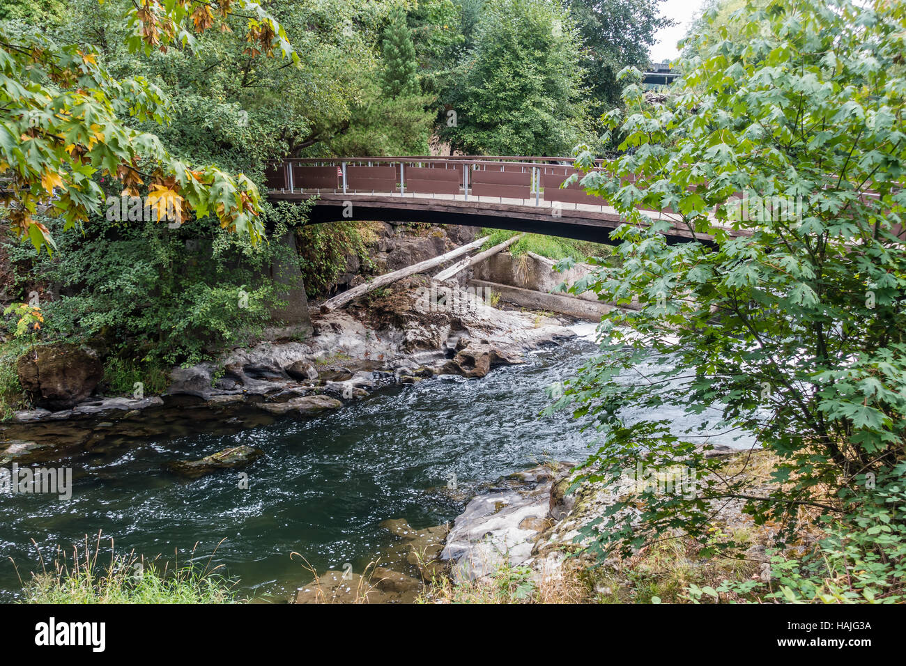 Il fiume Deschutes scorre al di sotto di un ponte in Tumwater, Washington. Foto Stock