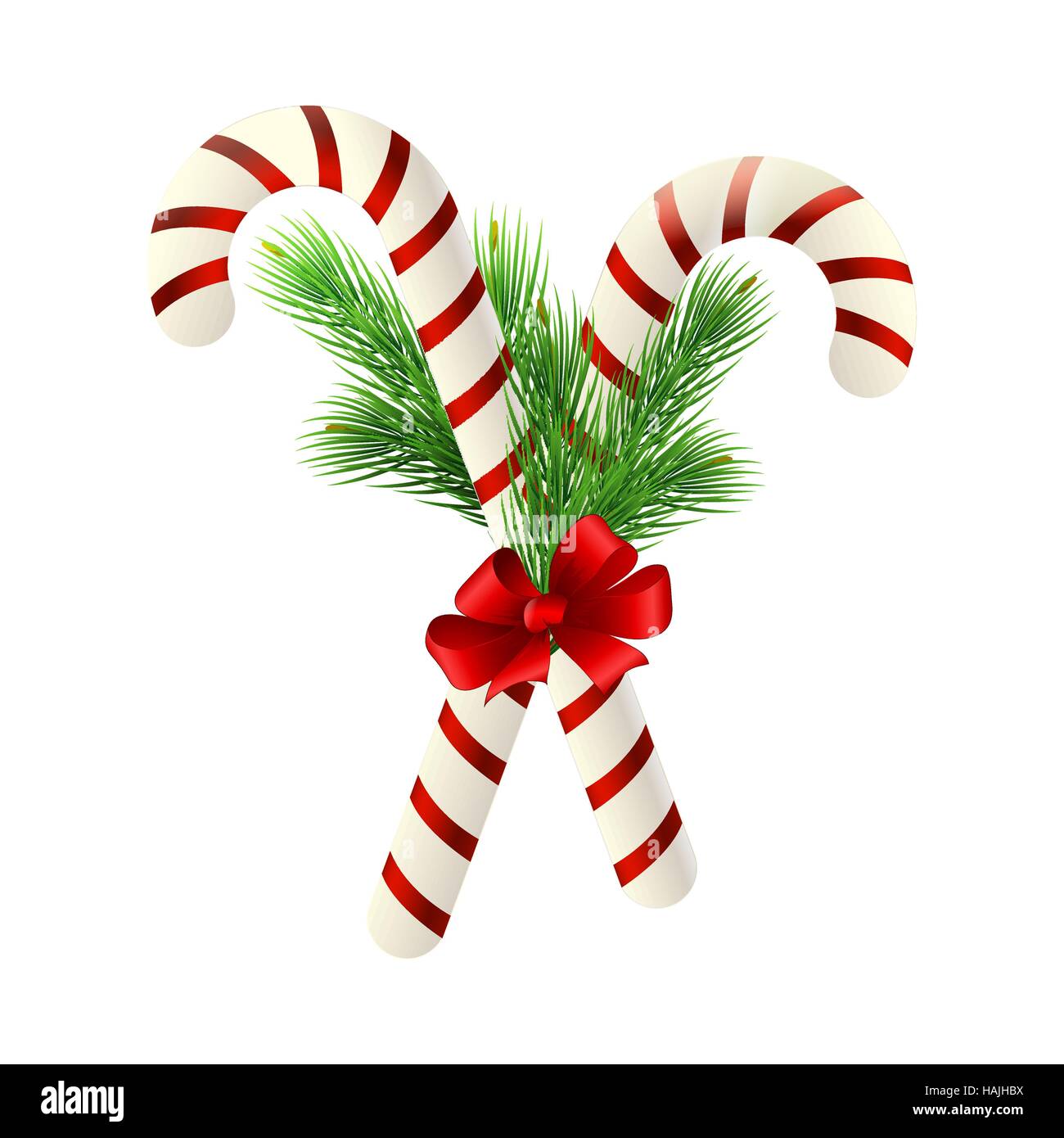 Natale candy cane decorata con un inchino e rami di alberi Illustrazione Vettoriale