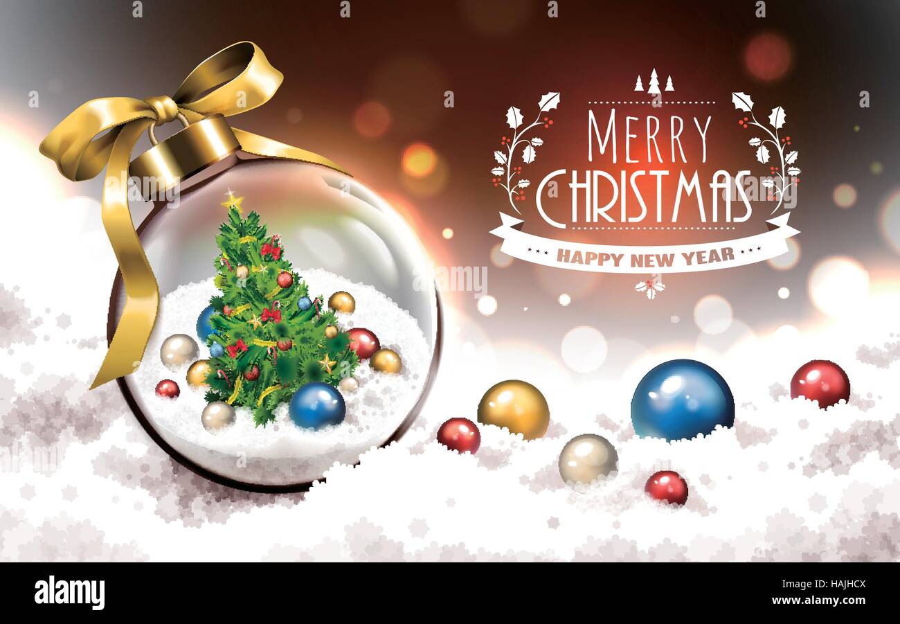 Buon Natale e felice anno nuovo logo, snowy blur sullo sfondo, con un albero di natale in un vetro trasparente sfera Illustrazione Vettoriale