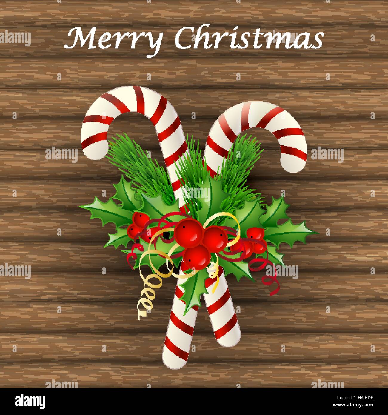 Natale candy cane decorata con un inchino e rami di alberi Illustrazione Vettoriale