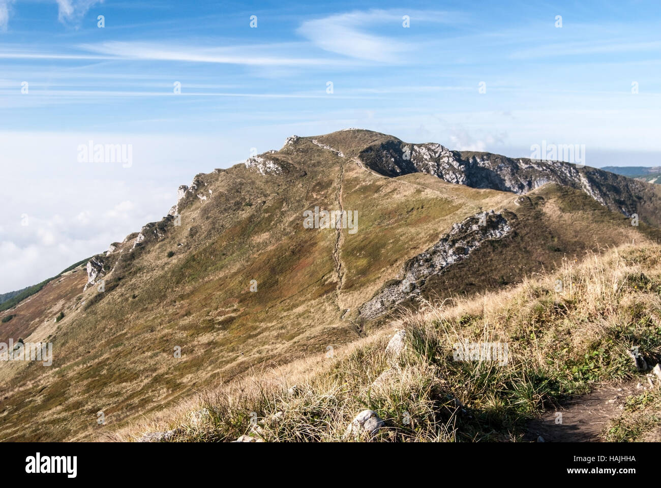 Chleb collina con scogliere taglienti, prati di montagna e cielo blu con nuvole in autunno Mala Fatra montagne in Slovacchia Foto Stock