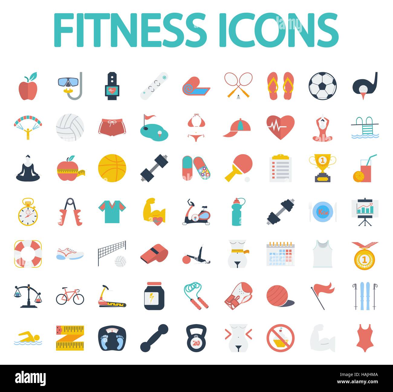 Fitness set di icone. Vettore di piana relativa icona impostare whit lunga ombra per il web e applicazioni per dispositivi mobili. Esso può essere utilizzato come - il logo, il pittogramma, icona, infograph Illustrazione Vettoriale