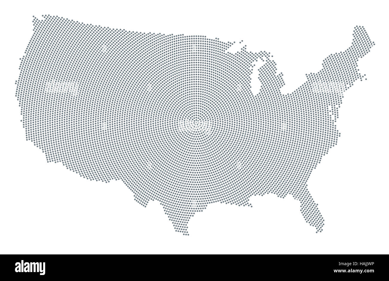 Stati Uniti d'America map radiale pattern a punti. Puntini grigi andando dal centro verso l'esterno formante la silhouette di Stati Uniti d'America. Foto Stock